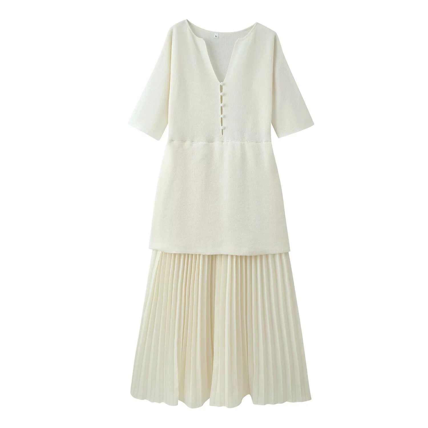 DEEABAE Robe plissée bicolore en maille patchwork à col en V et manches courtes pour femme, nouvelle