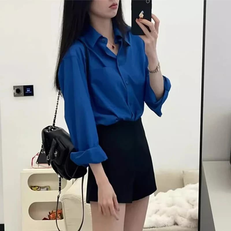 Chemise bleue amincissante à manches longues pour femmes, chemisier décontracté de Style de rue, cou