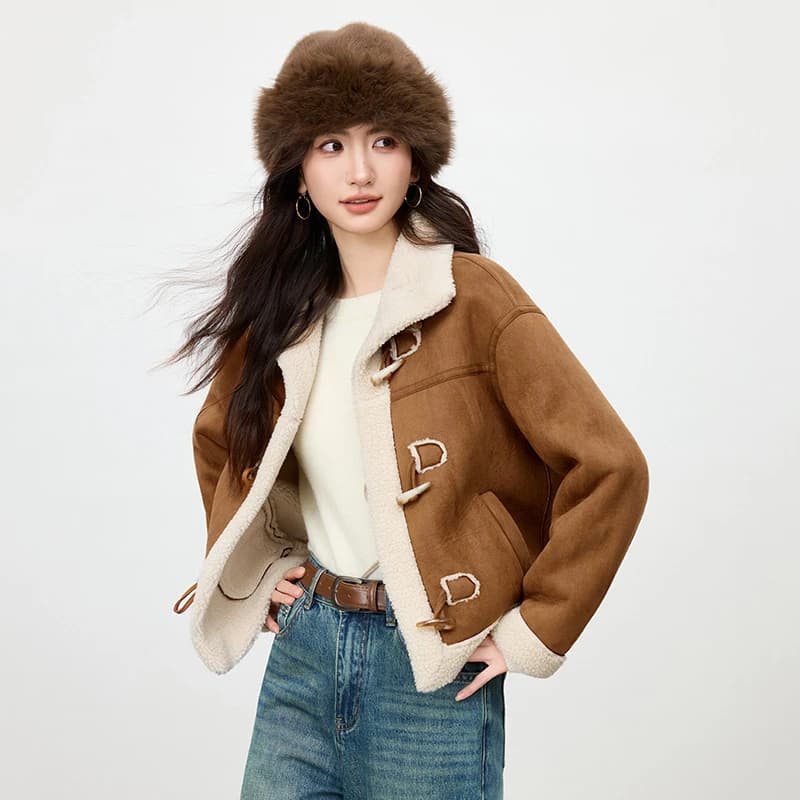 Veste Courte Hiver Femme SENTUBILA en Polaire Sherpa 2026 – Manteau Chaud avec Boucle d'Angle et Con
