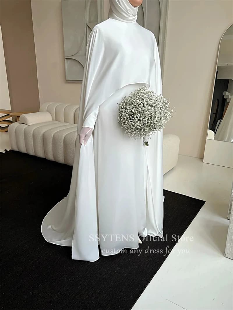 Robe de mariée musulmane blanche modeste avec cape, robe de mariée personnalisée, élégante, manches 