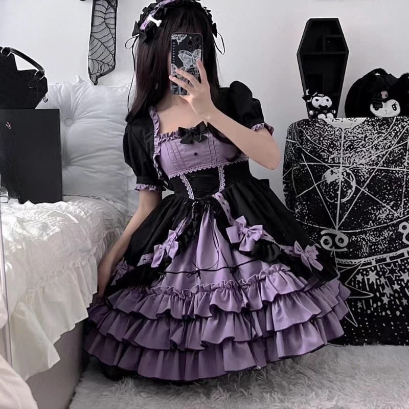 Robe Lolita Vintage victorienne pour femmes, gothique Y2k, manches courtes bouffantes, volants lamin