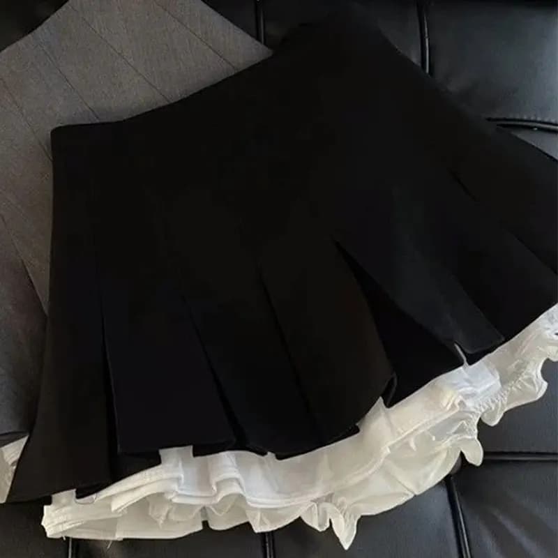 Mooyufon volants noir Mini jupe femmes coréen Patchwork jupes plissées japonais Kawaii taille haute 