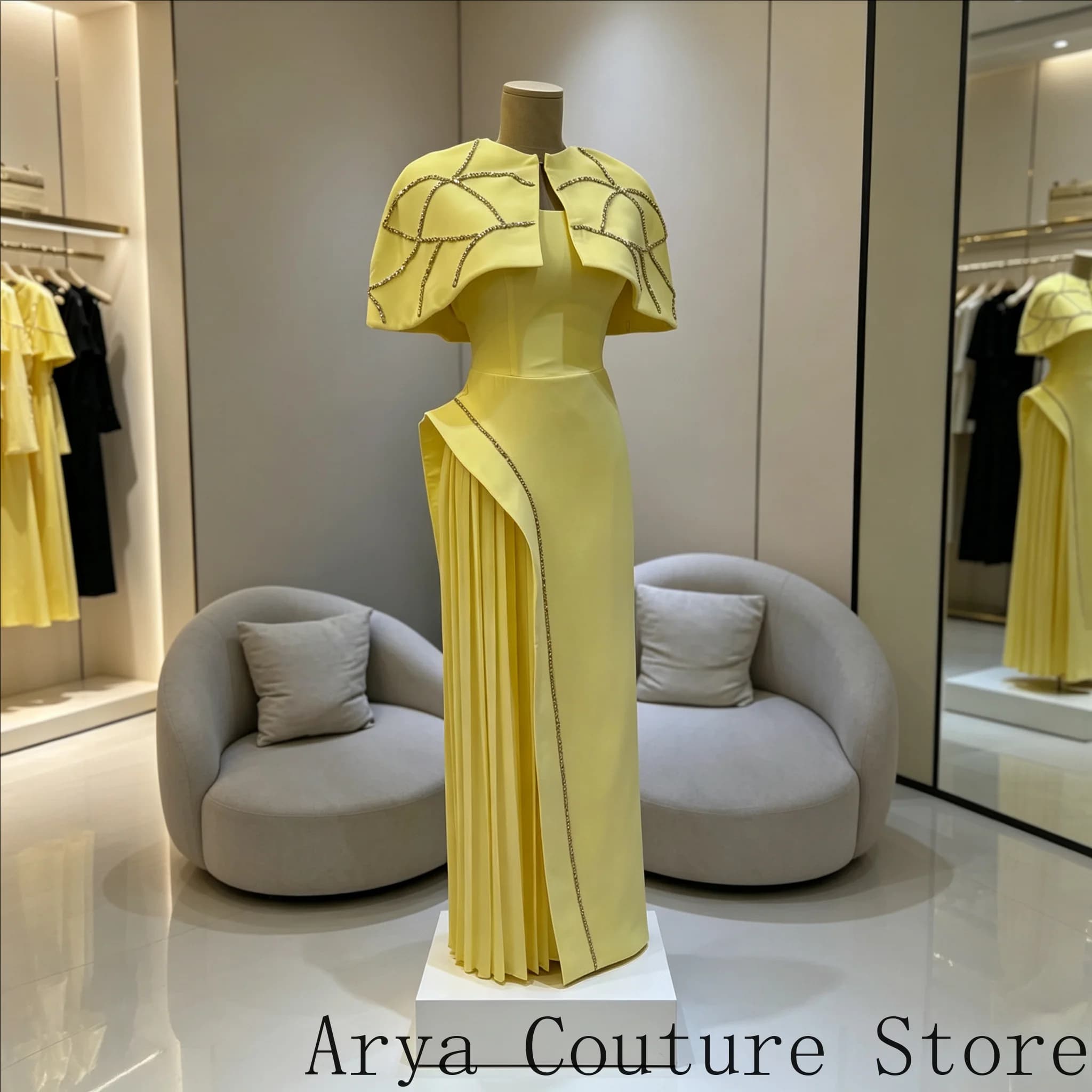 Robe de soirée minimaliste personnalisée jaune citron avec col carré simple et cape courte assortie 