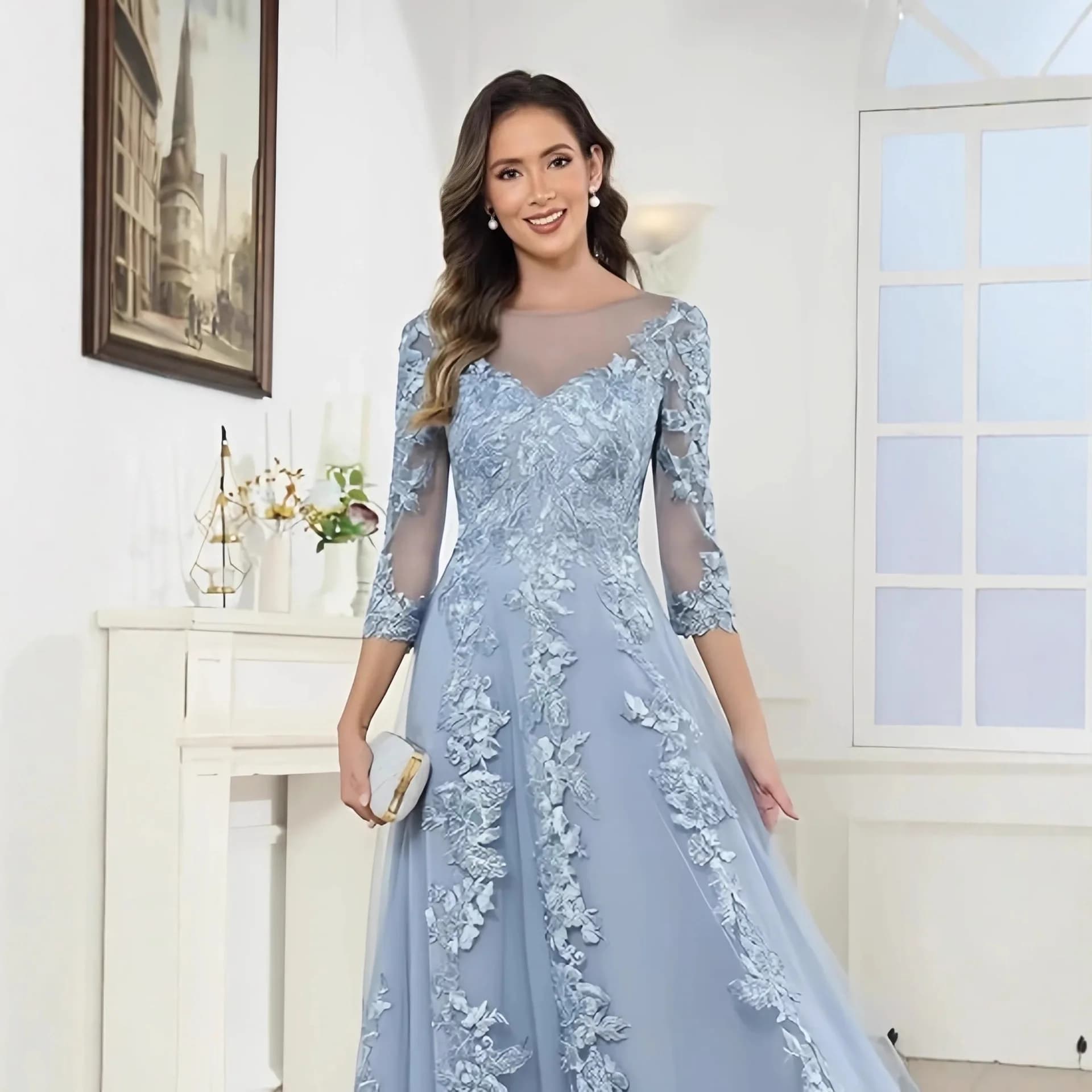 Robe de Demoiselle d'Honneur Personnalisée à Manches Mi-Longues avec Appliques en Dentelle, Robe de 