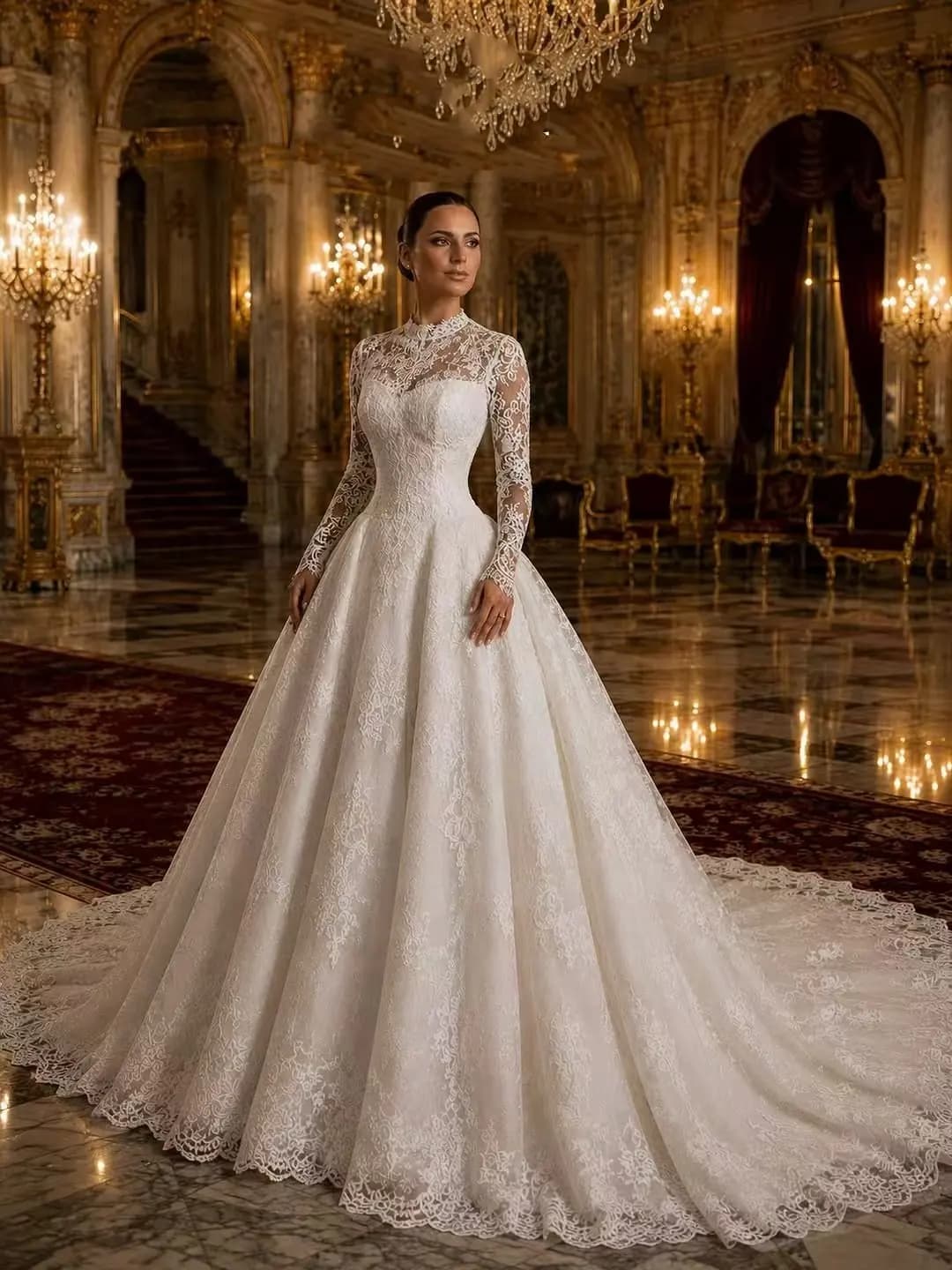 Robe de mariée de luxe à col montant en dentelle pour la mariée - Robe de bal à manches longues avec