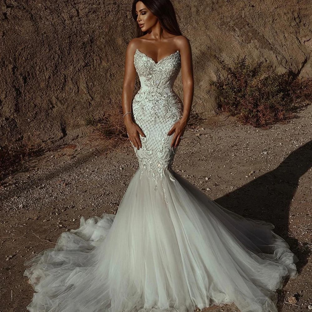 Robe de mariée sirène en dentelle perlée blanche et ivoire pour femmes, longue robe de mariée de lux
