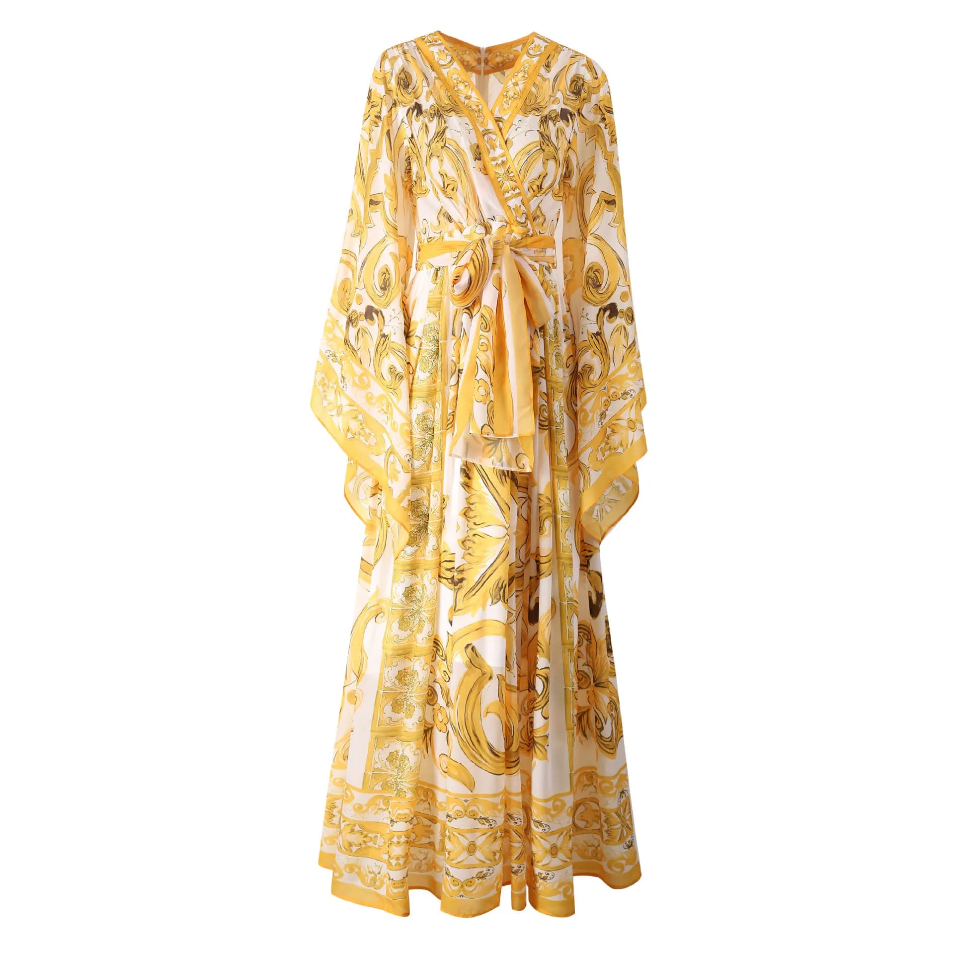 Wein Lady – robe longue en mousseline de soie imprimée, grande balançoire, col en v, manches volante