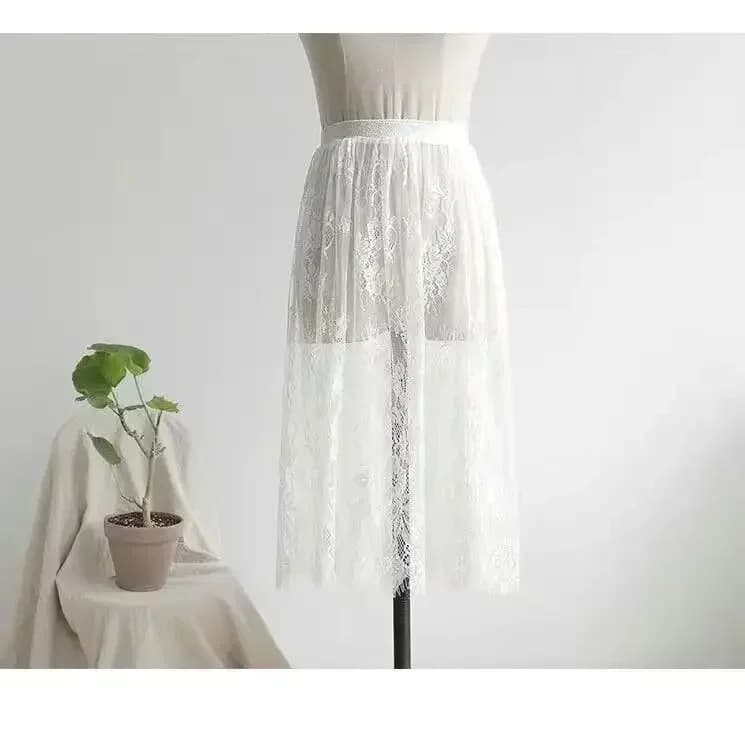 Jupe longue en tulle transparente et élégante en dentelle sexy, taille haute élastique, 2 longueurs,