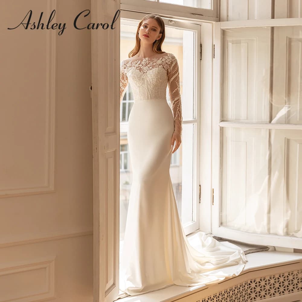 Ashley Carol-Robe de Mariée Sirène en Satin, Élégante, Manches sulf, Broderie de Perles, Patients, É