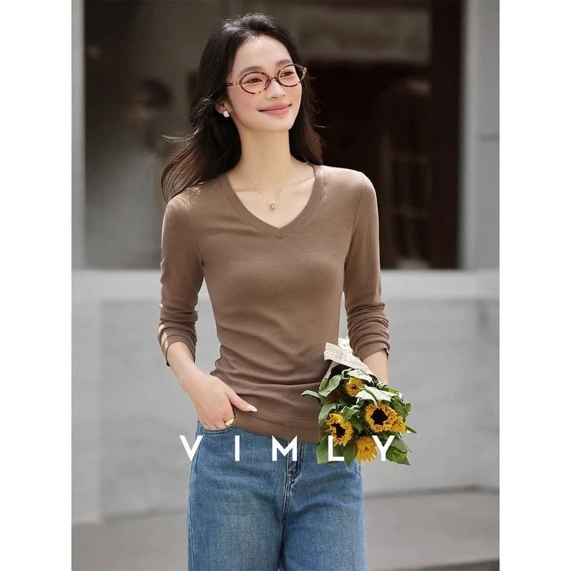 Haut à manches longues pour femme VIMLY, collection Printemps 2026, décontracté, col en V, tricoté, 