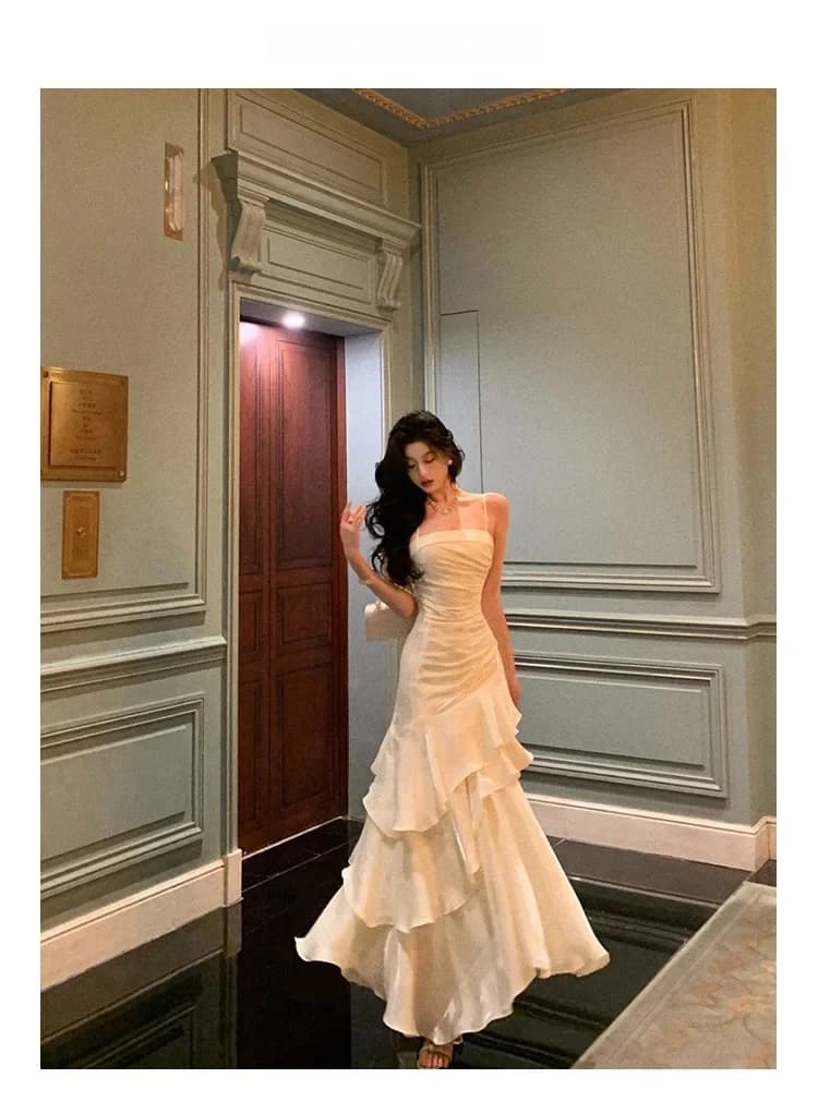 Robe de soirée élégante pour femme, sans manches, à bretelles, coupe sirène, taille cintrée, ligne A
