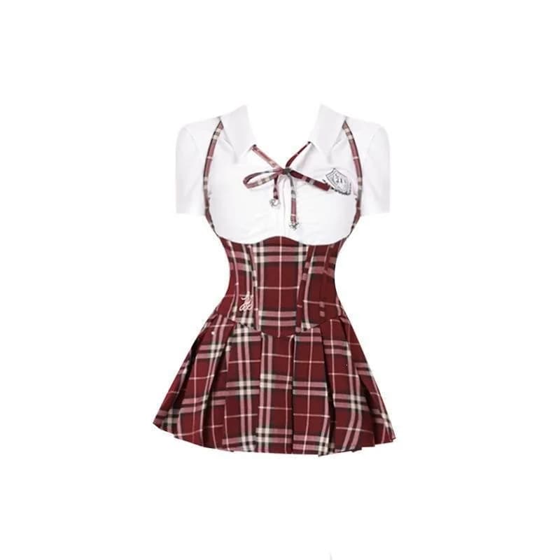 Ensemble jupe et chemise d'uniforme scolaire style français coupe ajustée pour femme, motif écossais