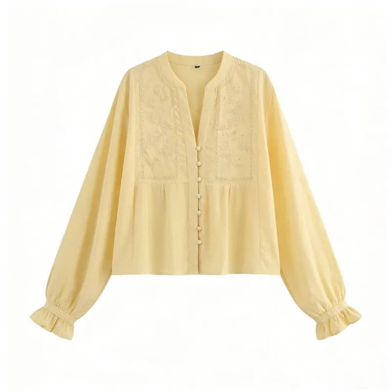 Chemisier brodé jaune HH pour femme, manches longues, col en V, boutonnage frontal, haut à volants, 