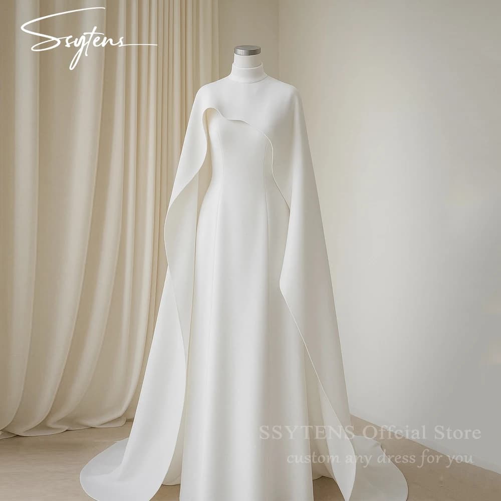 SSYTENS robes de soirée longues en crêpe personnalisées avec Cape robes de soirée blanches modestes 