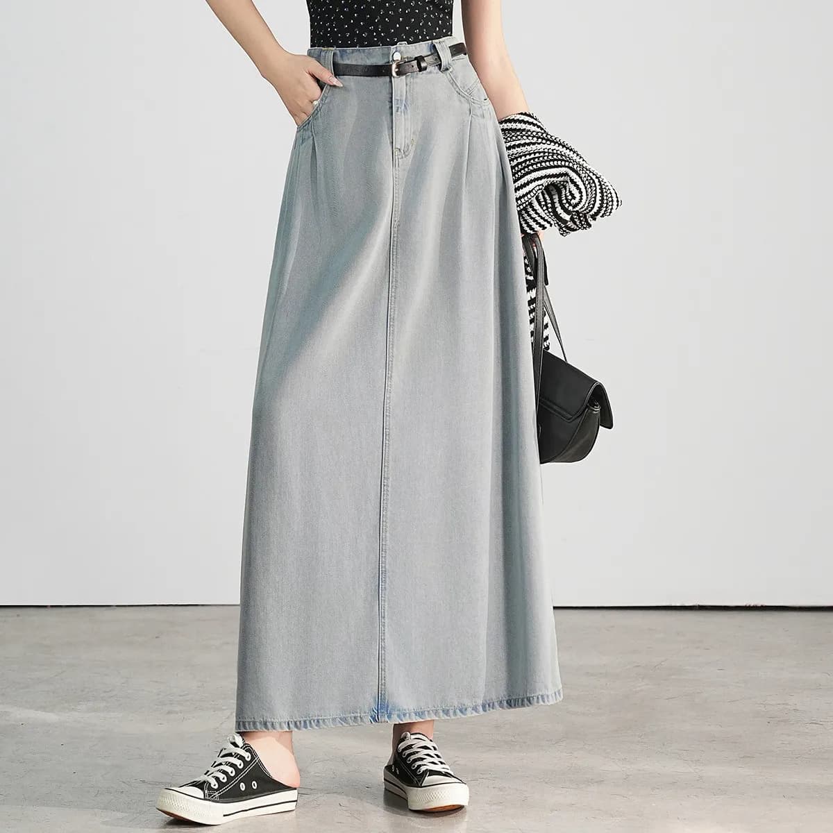 LOUIS YAO jupe longue en Denim délavé 2025 printemps Lyocell tissu demi-longueur robe à la mode tail