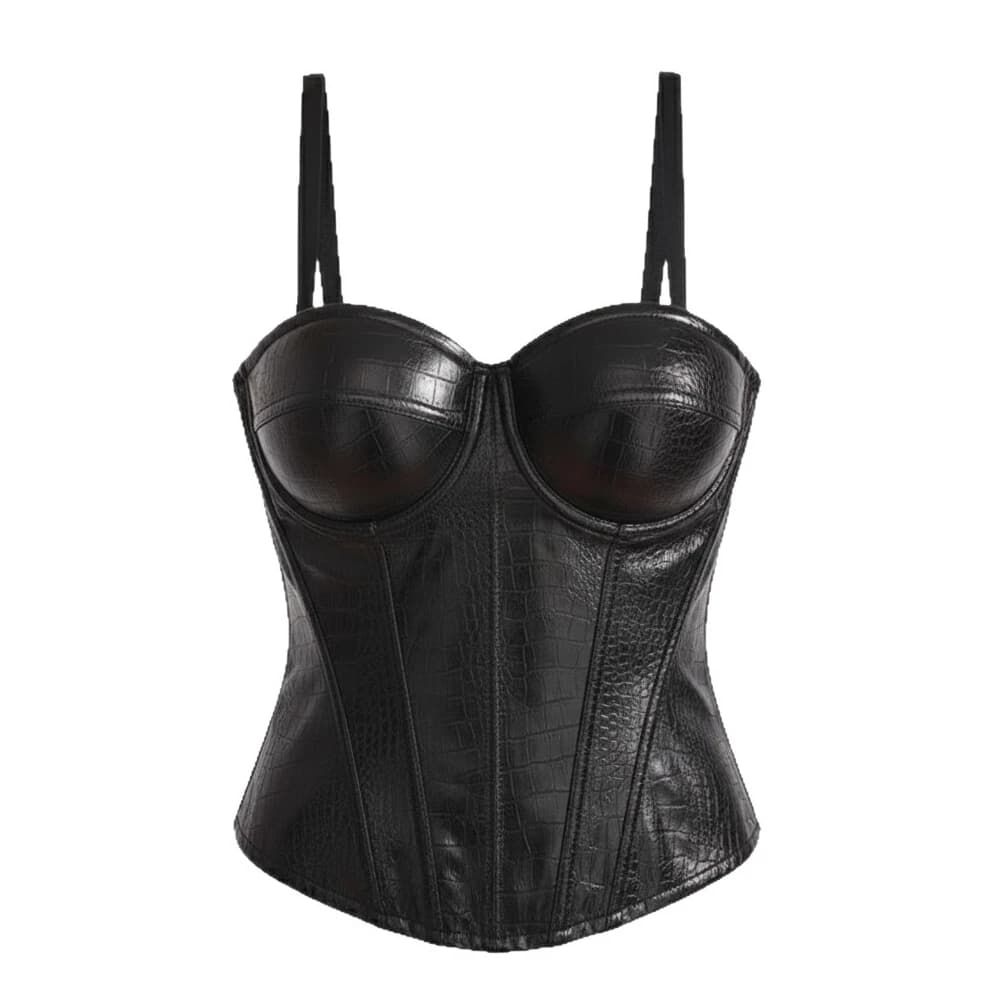 Corselet en cuir PU noir ‌   Vêtement pour femme : Corset sexy européen style streetwear à décolleté