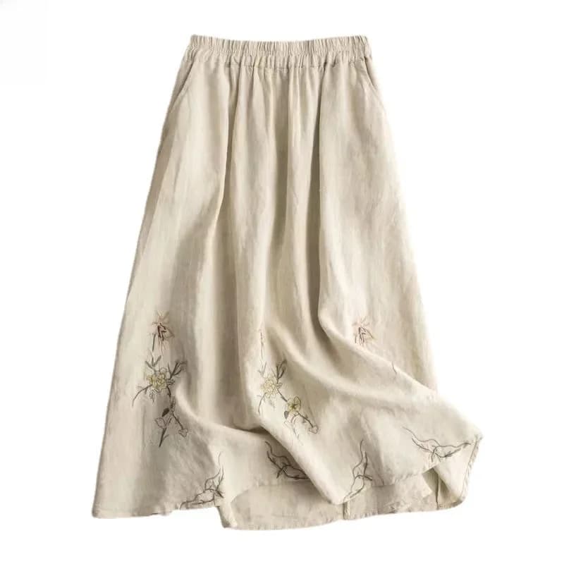 Jupe en coton et lin brodée pour femmes, nouveau Style, Vintage, grande jupe large, longueur moyenne