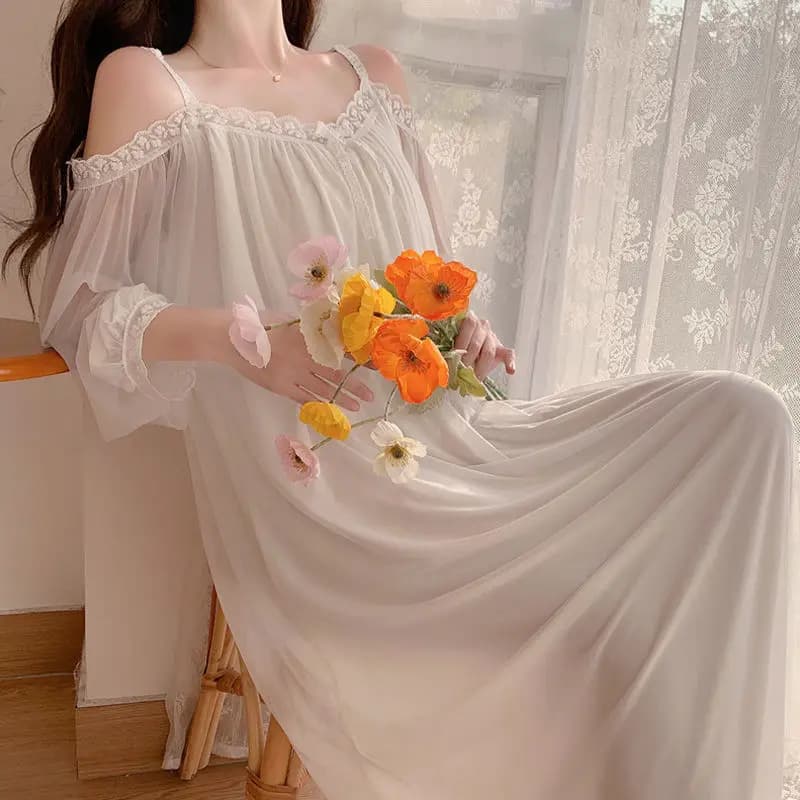 Chemise de nuit à manches longues et col rond pour femmes, chemise de nuit princesse Sweet Lace, che