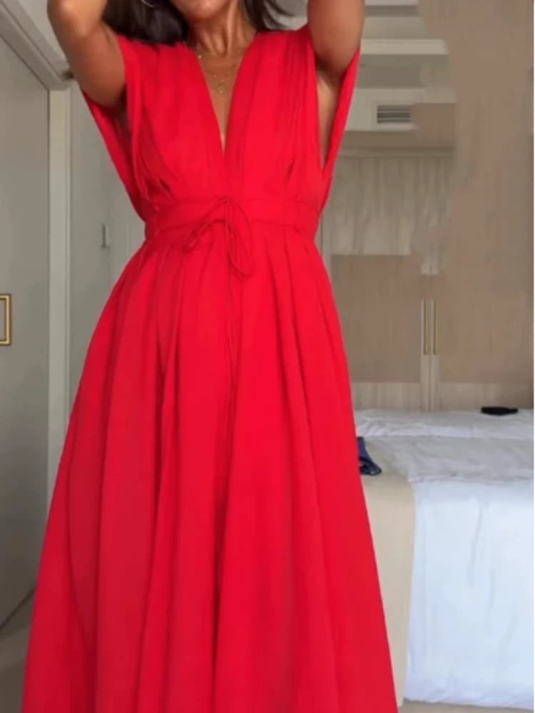 Robe longue à lacets pour femmes, décolleté en V profond, manches volantes, élégante, taille unie, p