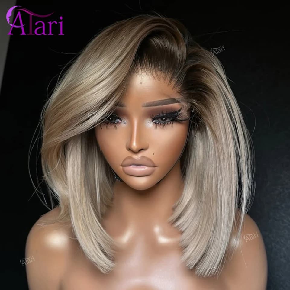 Perruque Bob courte Blonde cendrée avec racines brunes, cheveux naturels lisses, Transparent, 13x4, 
