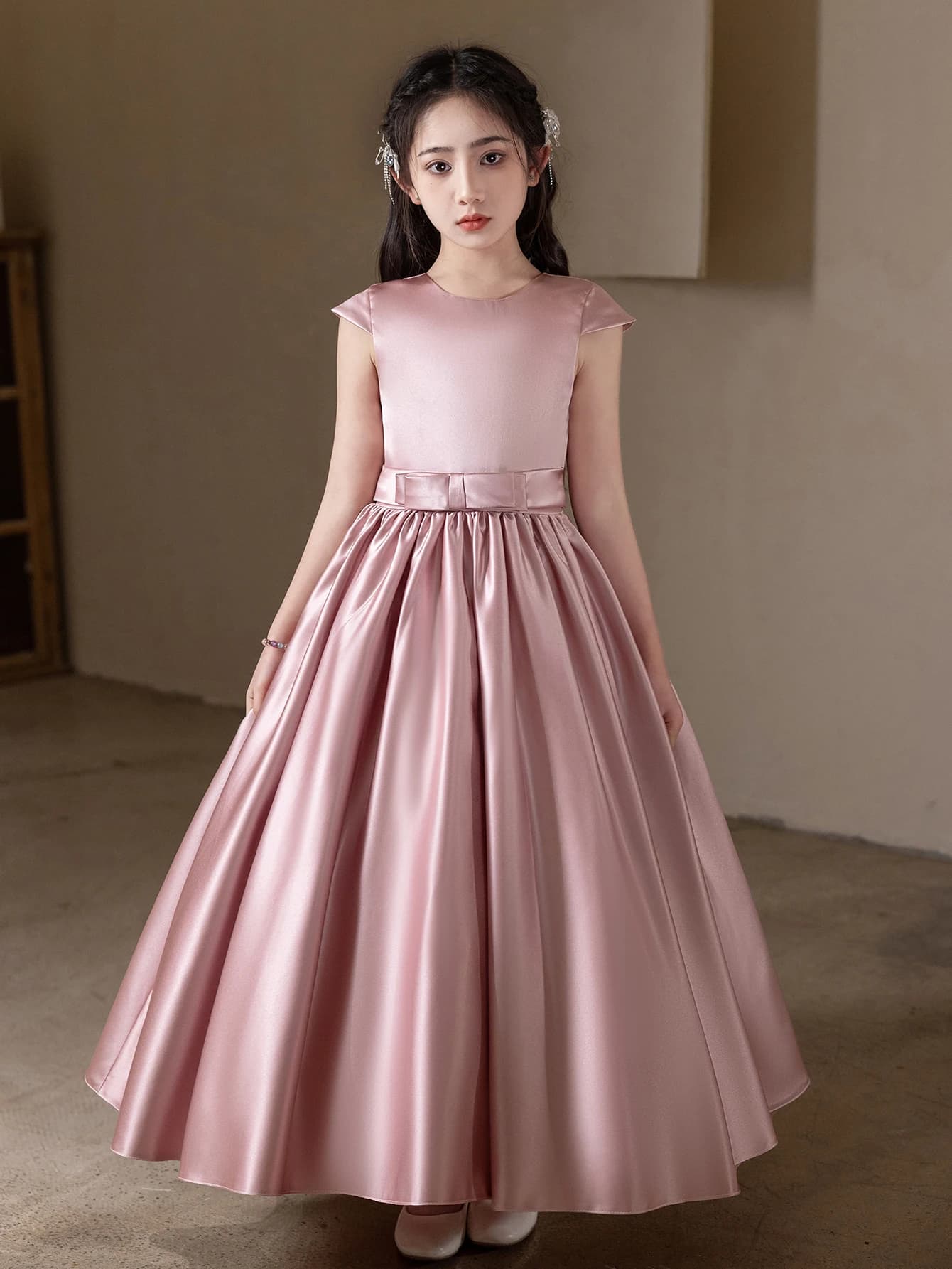 Robe longue rose poussiéreux pour filles, pour spectacle de fête d'anniversaire, robe de soirée de m
