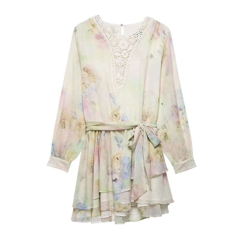 Robe élégante en mousseline de soie, imprimé Floral, dentelle, col en v, manches longues, ceinture, 