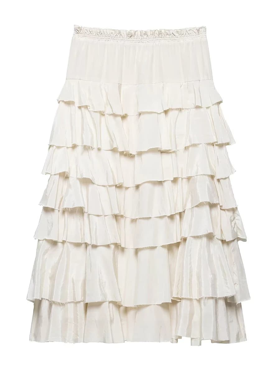 Solid Elegant Tiered Maxi Skirts For Women Ruffle Elastic Waist A-line Long Skirts Summer New Simple