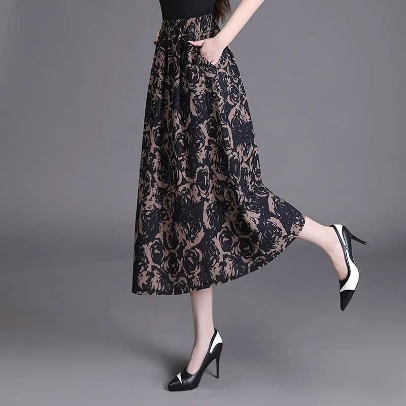 Jupe midi bohème pour femme, imprimée, taille haute élastique, coupe trapèze fluide, décontractée, p