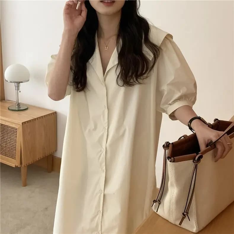 Robe Mi-Longue à Manches Bouffantes pour Femme, Vêtement Élégant, Décontracté, Couleur Unie, Bouton,