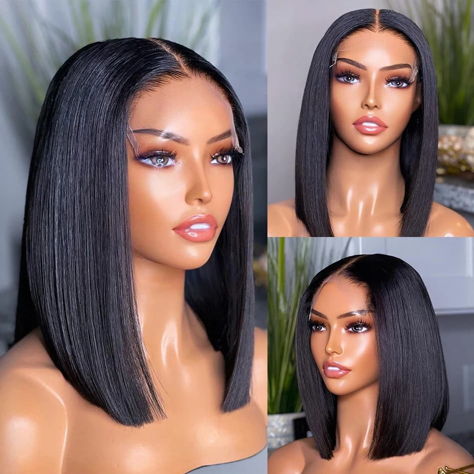 Perruque courte bob blond platine en cheveux humains avec dentelle transparente 13x4, couleur blanch