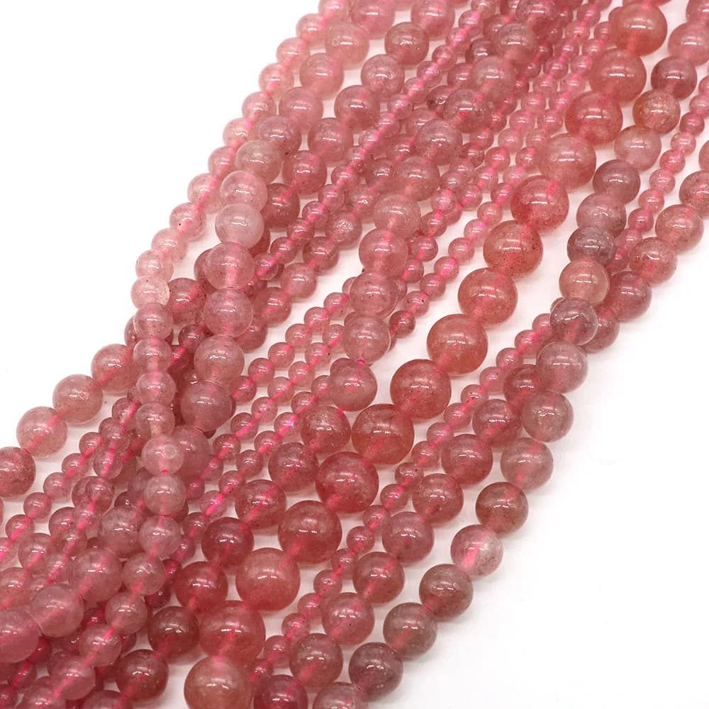 Perles rondes en pierre de Quartz naturel fraise, perles d'espacement lisses et amples pour la fabri