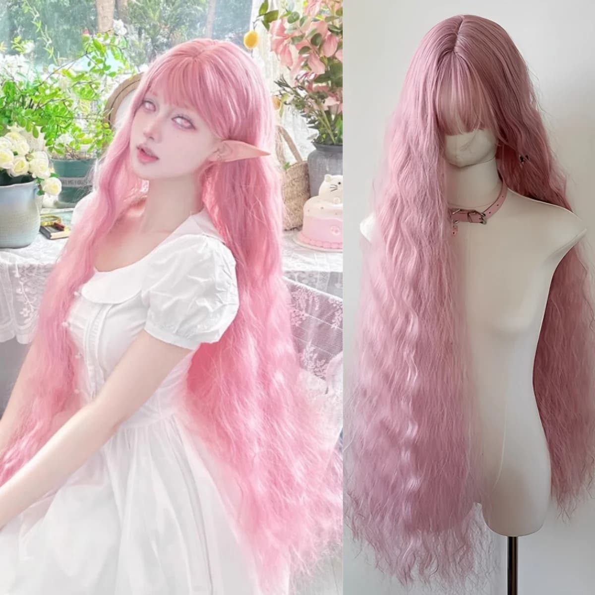 Perruque rose Lolita, boucles en laine Super longues, cheveux bouclés de princesse, fleur de cerisie