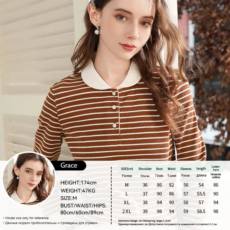 Je crois vous hauts à manches longues pour femme 2025 hiver rétro marron rayé col rabattu tricot T-s