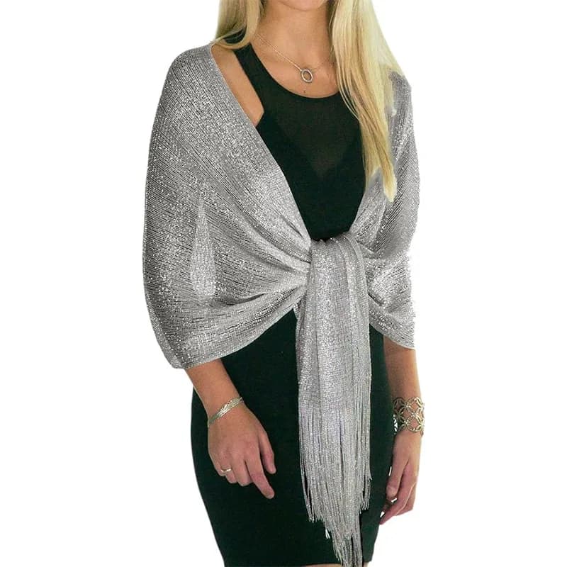 Écharpe longue scintillante métallique à la mode avec pompon pour robe de soirée, écharpe en fil dor