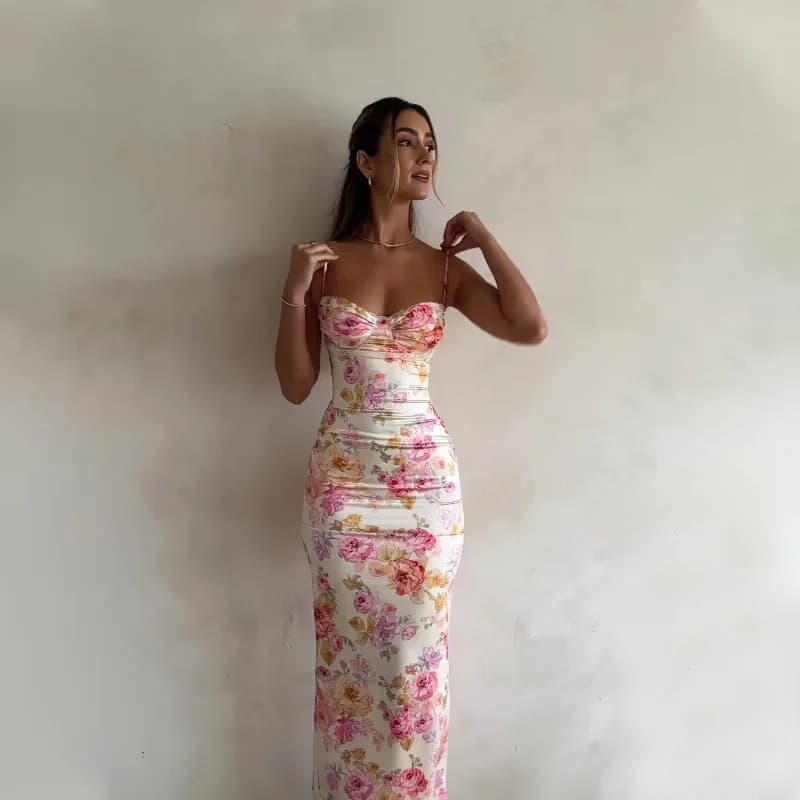 Robe longue à imprimé floral français, robe sexy sans bretelles pour femmes, robe d'été, tenue de pl