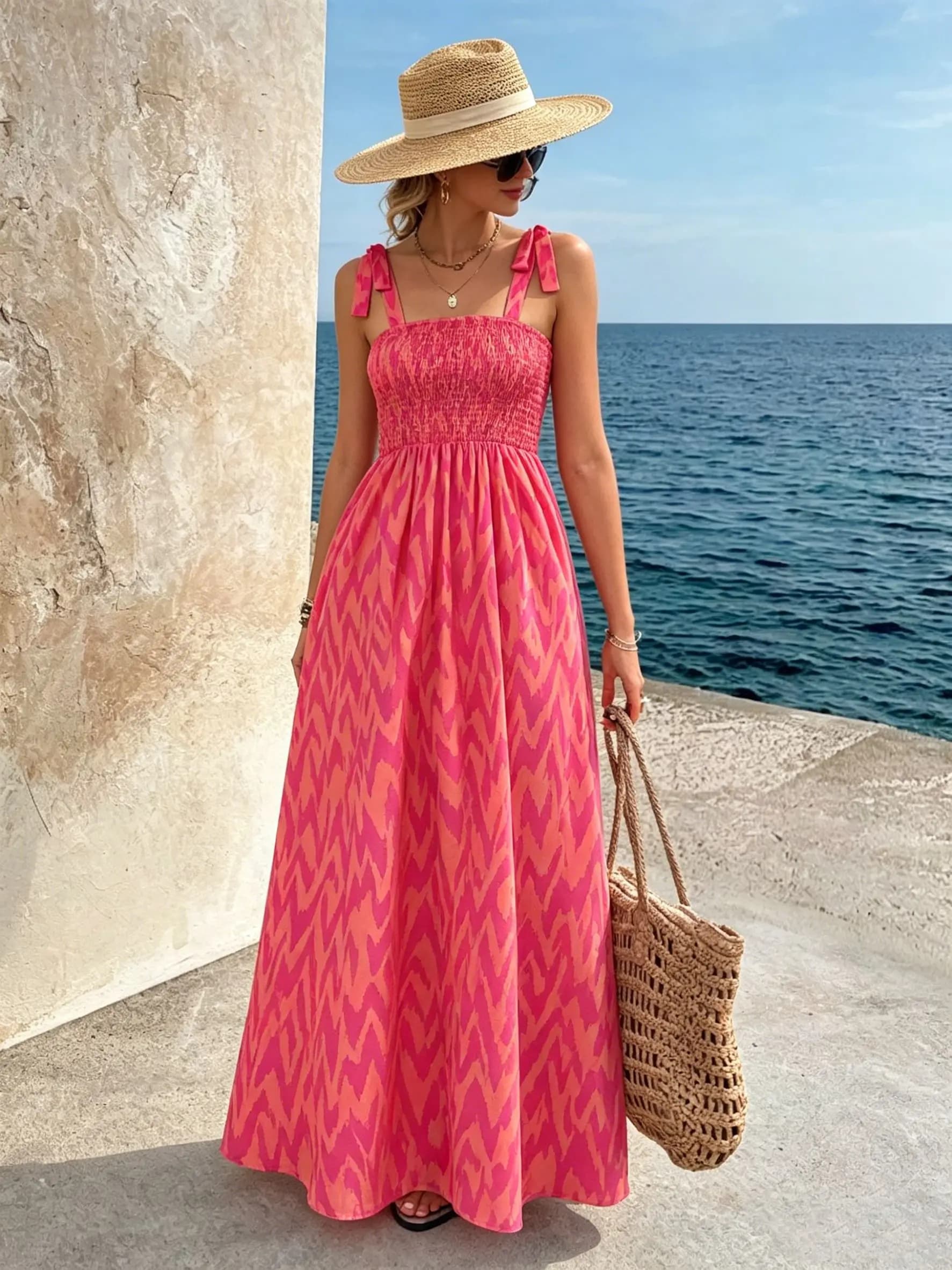 Robe midi smockée à bretelles pour femme |   Robe d'été ample à imprimé abstrait bohème pour l'été