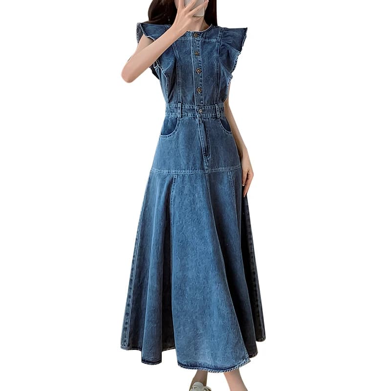Robe mi-longue en jean vintage à boutons pour femmes, mode coréenne, robe en denim décontractée avec