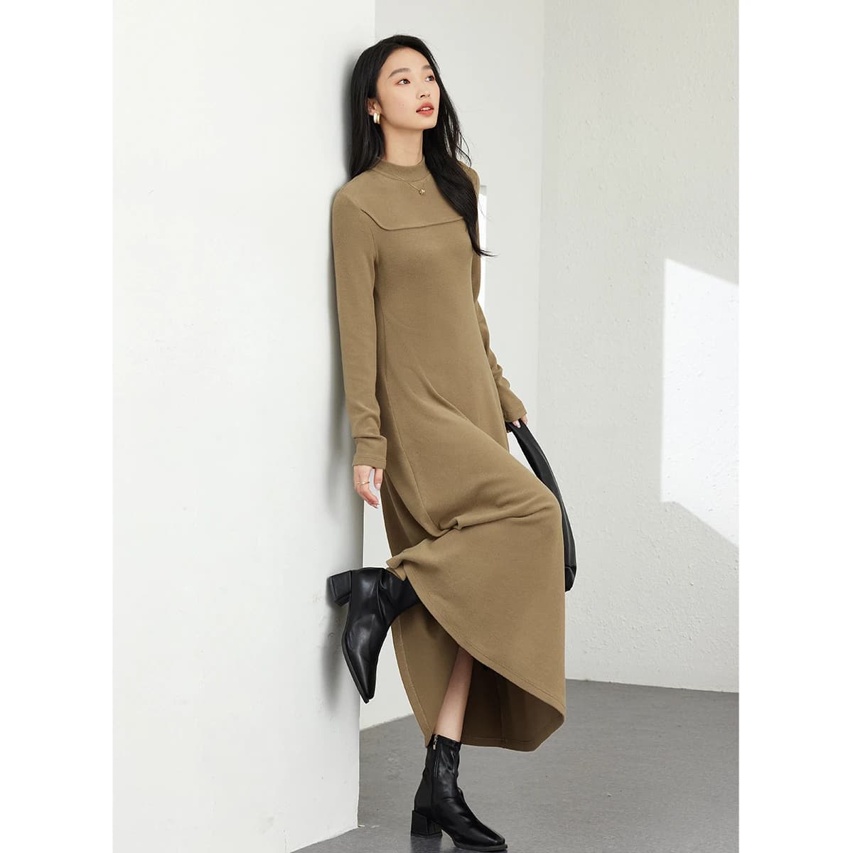 Robes longues en tricot VIMLY pour femme, col semi-montant à la française, robes de soirée, collecti