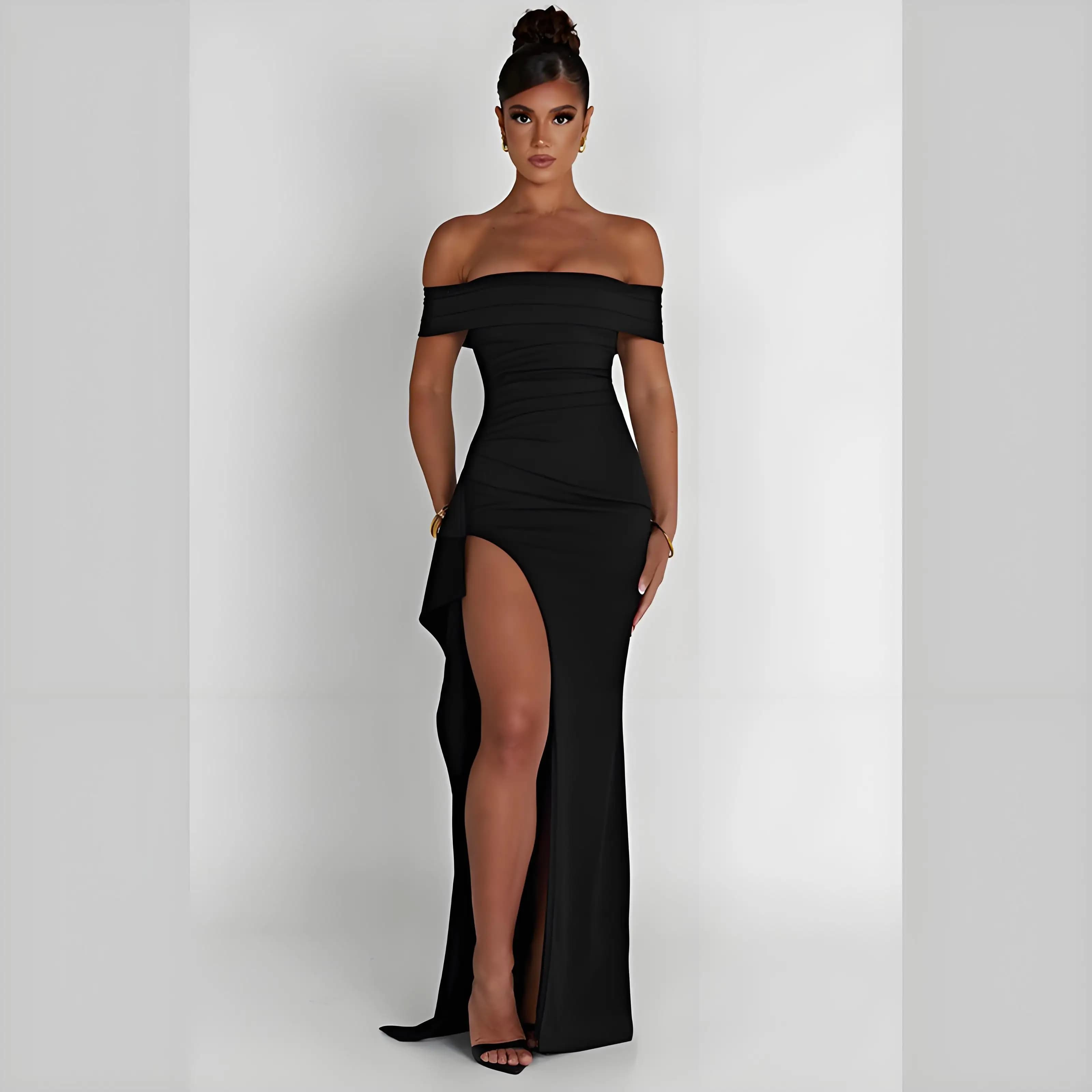 Robe de soirée élégante, couleur unie, épaules dénudées, robe longue sexy taille haute avec fente la