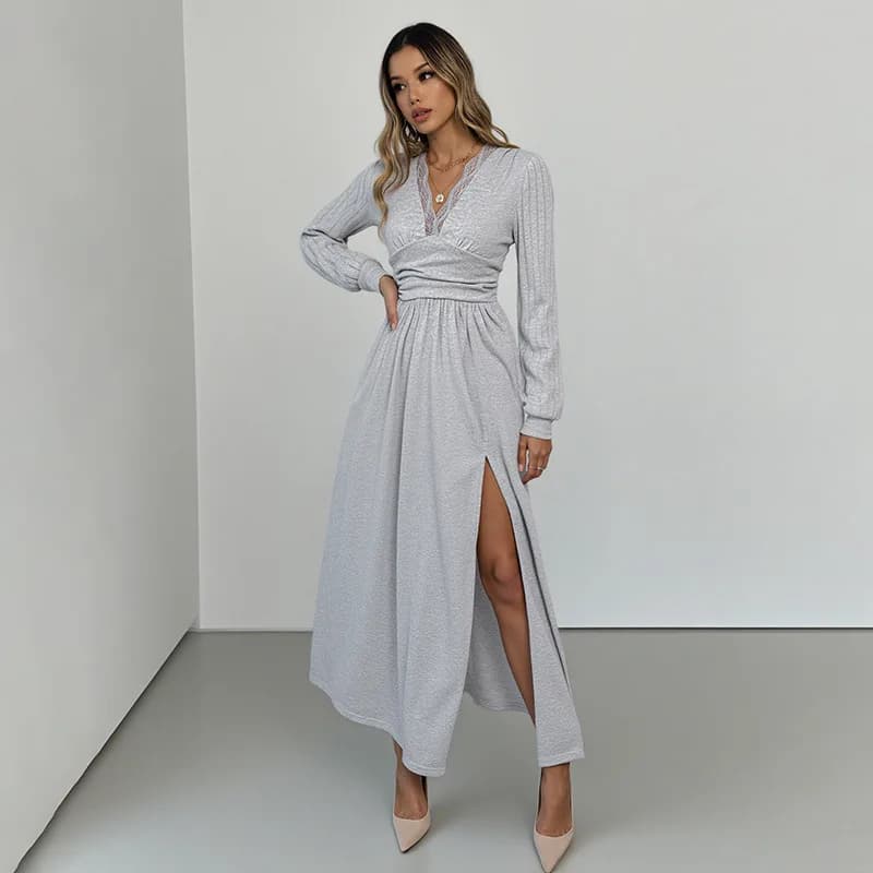 Robe longue à manches longues et col en v pour femmes, nouveau Style d'automne, couleur Pure, finiti