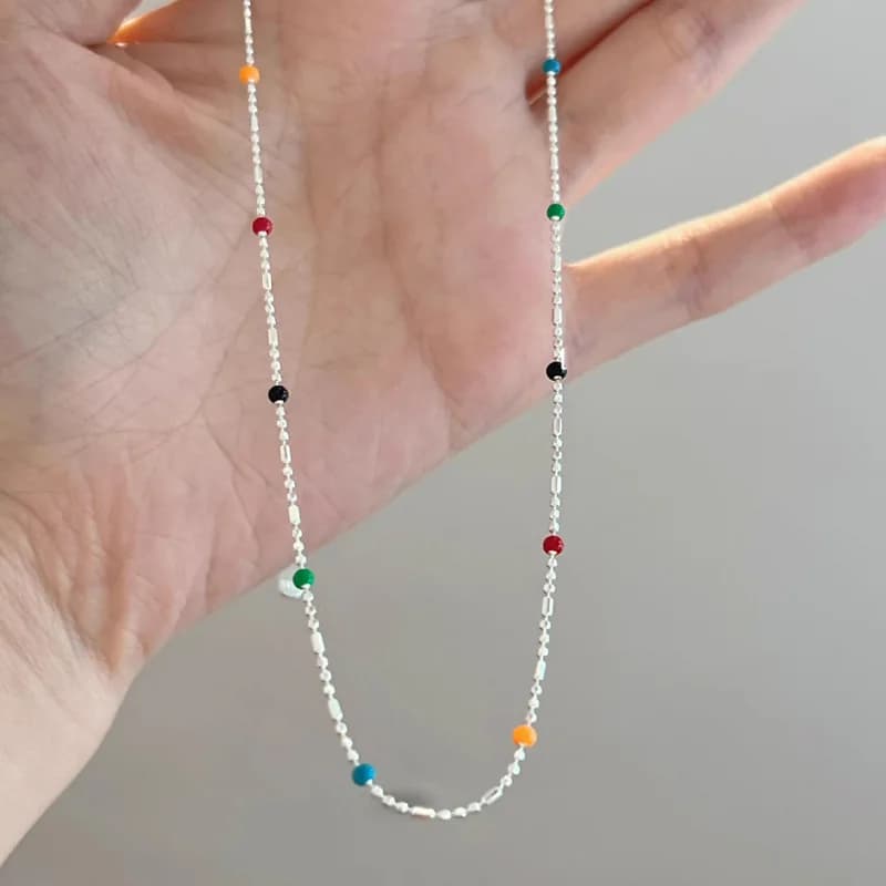 Collier en argent Sterling 925 avec perles multicolores géométriques simples, ras du cou, chaîne de 