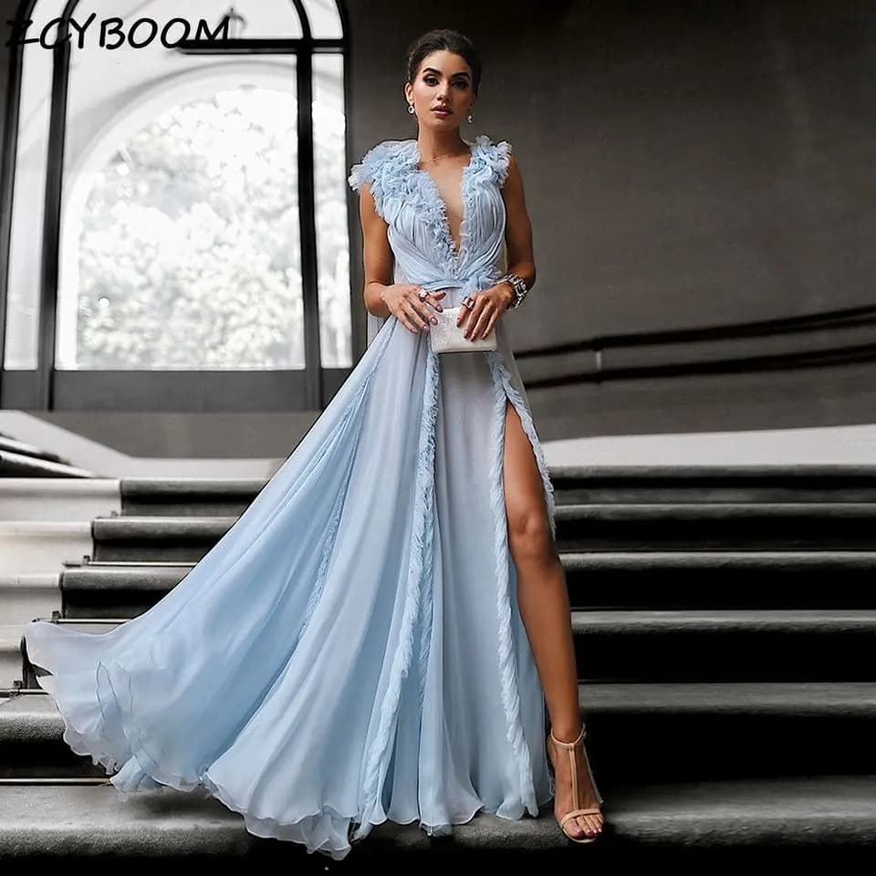Robes de bal bleu clair 2026 Femmes Soirée formelle Élégante Robe de soirée plissée en mousseline de