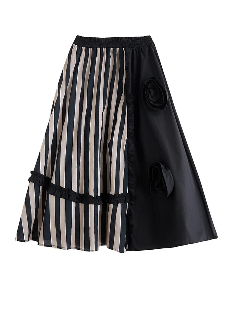 Jupe longue décontractée à rayures et motifs floraux pour femme, taille haute, style coréen vintage,