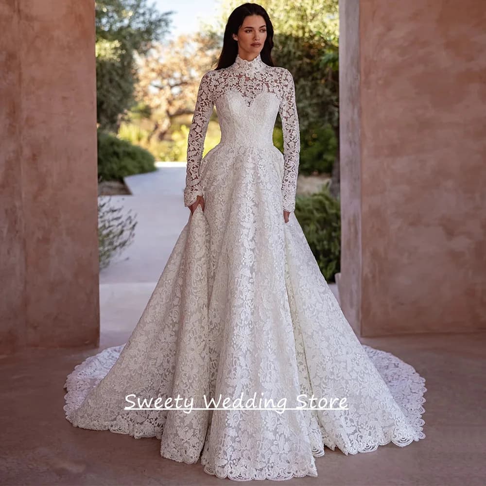 Robe de mariée en dentelle arabe personnalisée, manches longues, col montant, exquise, avec traîne c