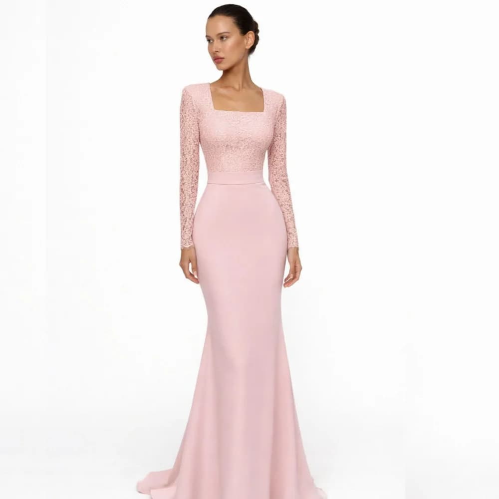 Robe de soirée de mariage personnalisée à manches longues, col carré en dentelle, robe longue sirène