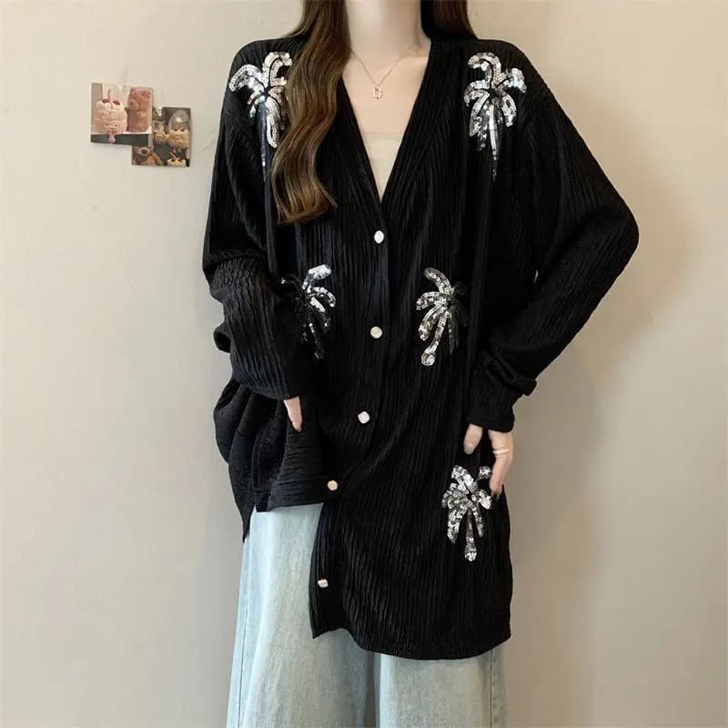 Haut brodé à paillettes à manches longues pour femmes, veste Cardigan ample, Slim et à la mode, débu