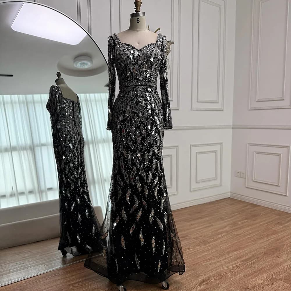 Robe de soirée de luxe noire et argentée, manches longues, avec paillettes, robe sirène élégante pou