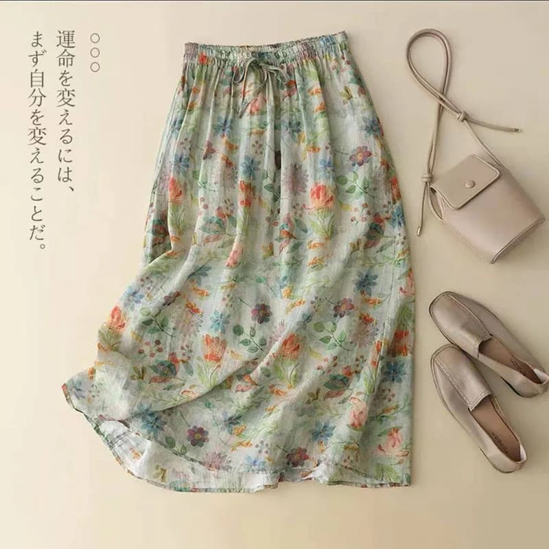 Jupe longue vintage imprimée en coton et lin, motif floral, taille élastiquée avec lien, jupe fluide