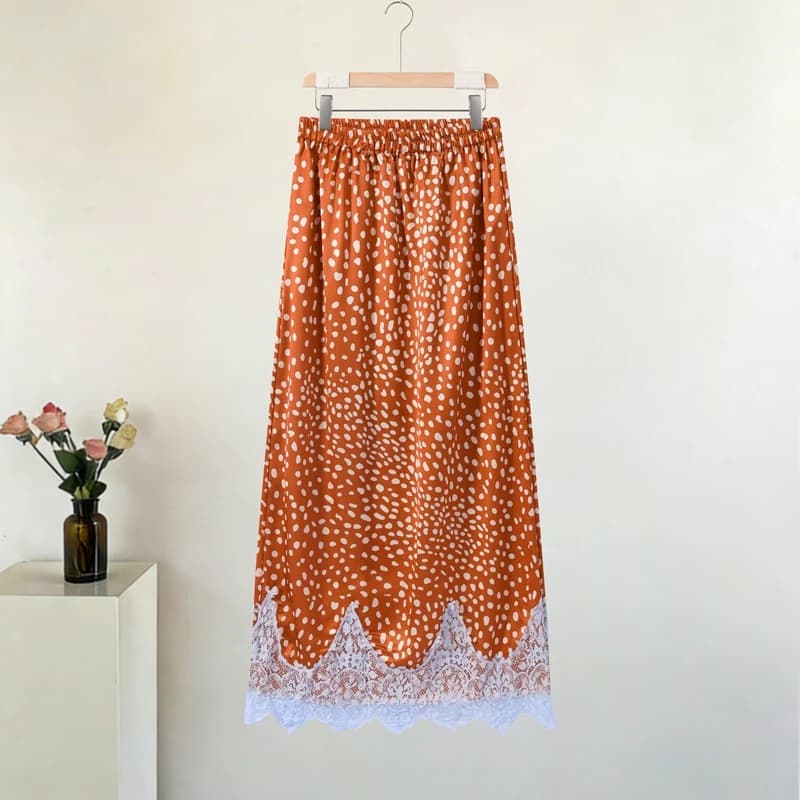 Ensemble jupe et haut imprimé élégant avec ruban réversible et insert en dentelle, tenue deux pièces