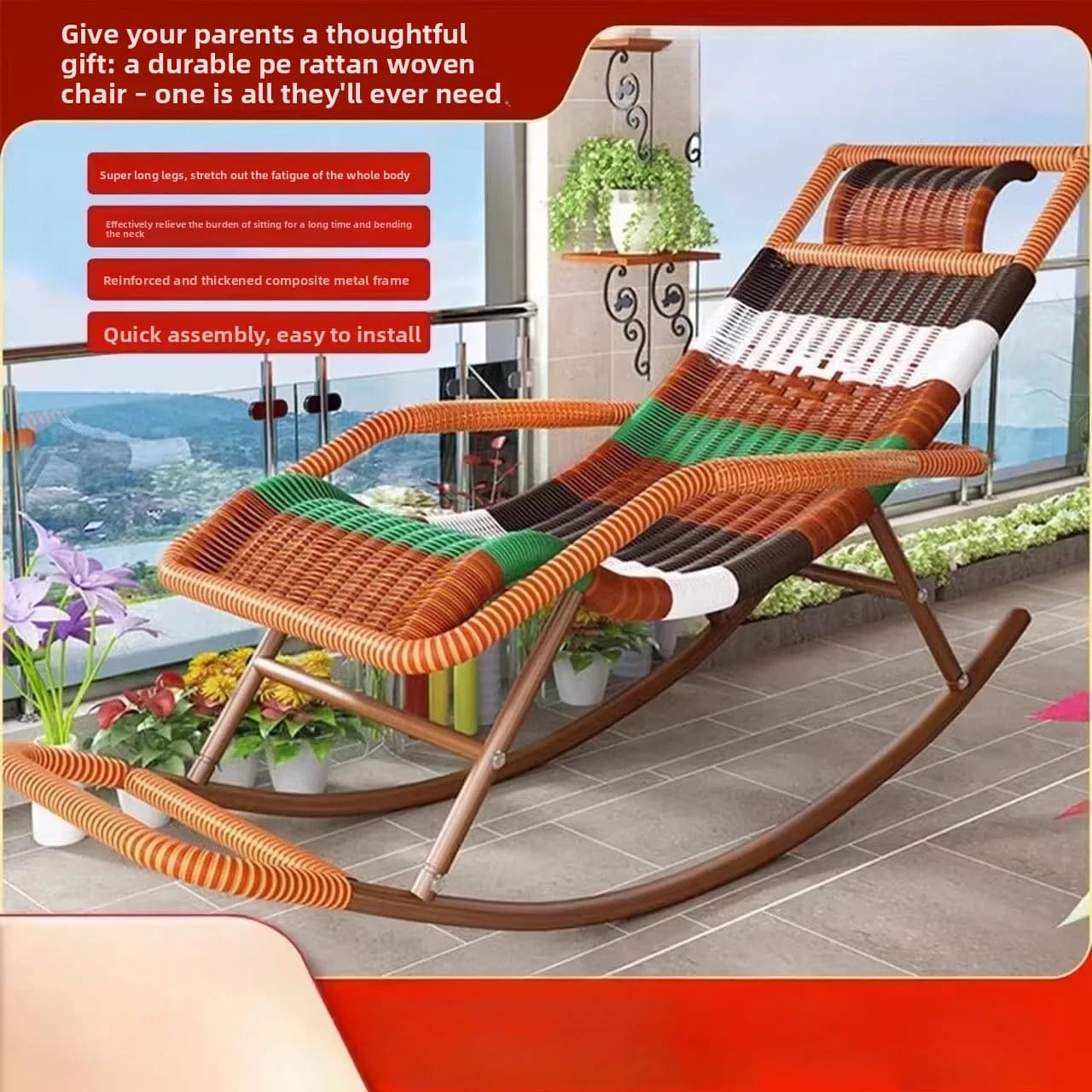 Fauteuil à bascule ergonomique en rotin PE, inclinable, pour extérieur, jardin, patio, intérieur, sa